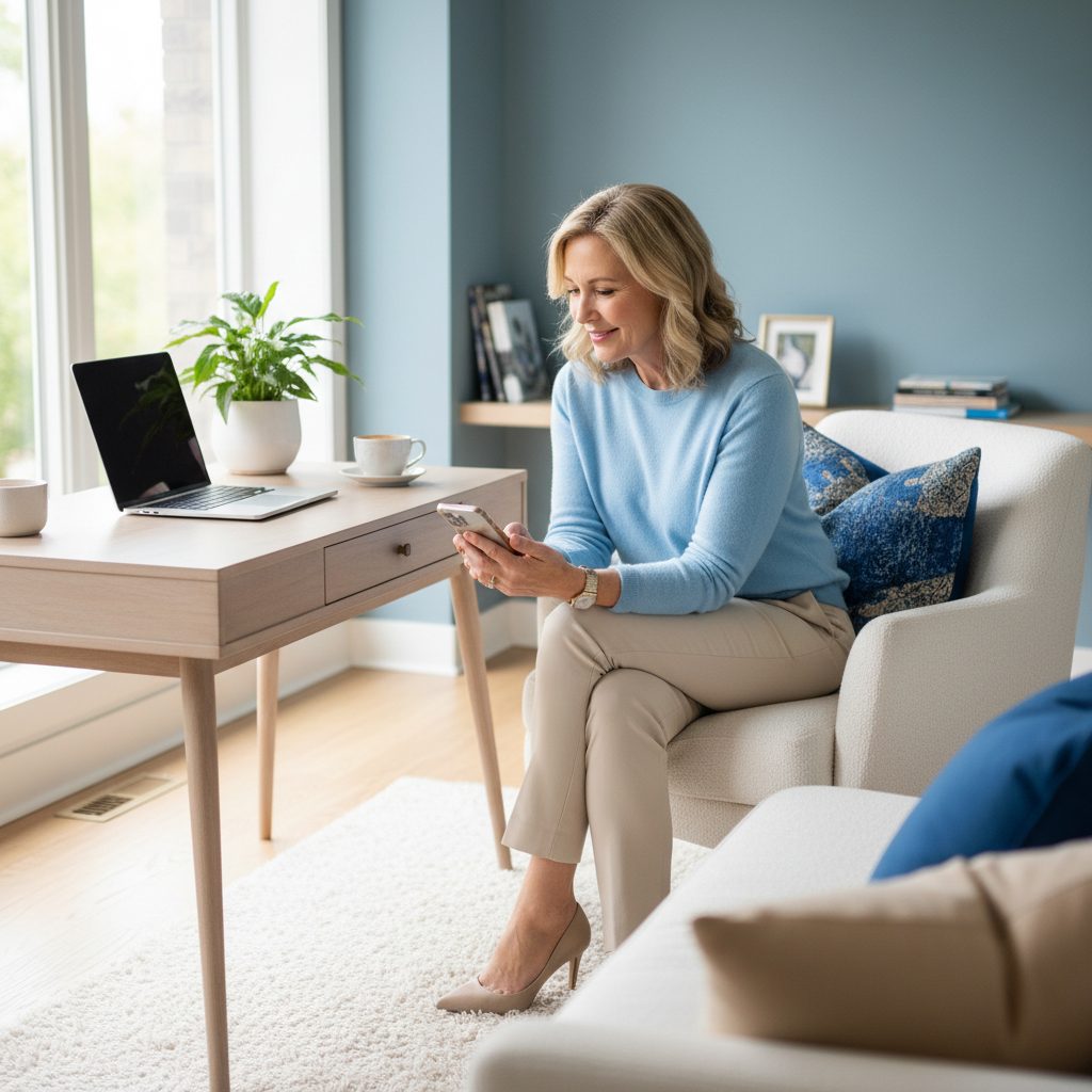 A business coach relaxing at home, glancing at her phone while her laptop sits nearby.